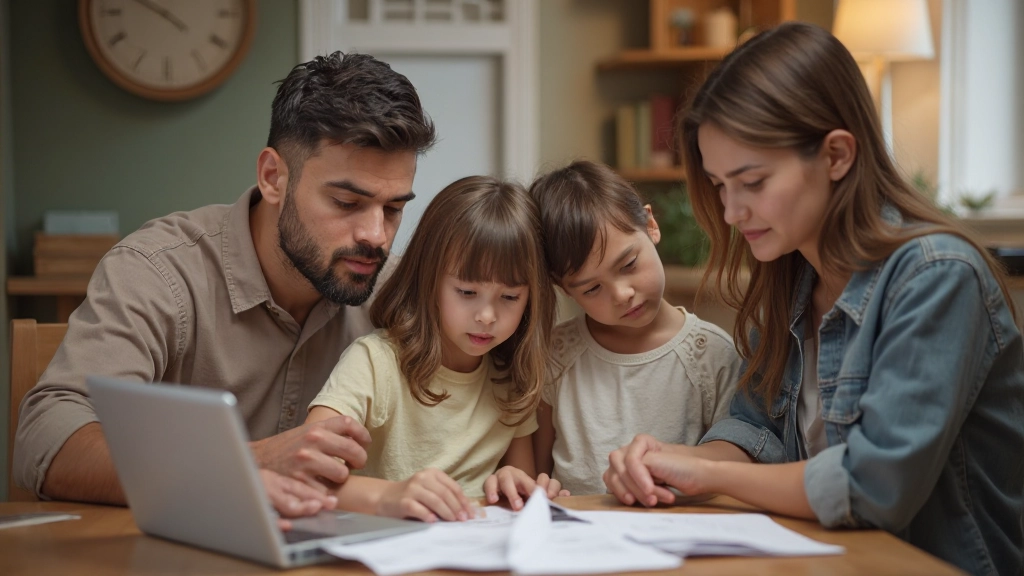 Семья планирует бюджет вместе за столом с документами и ноутбуком