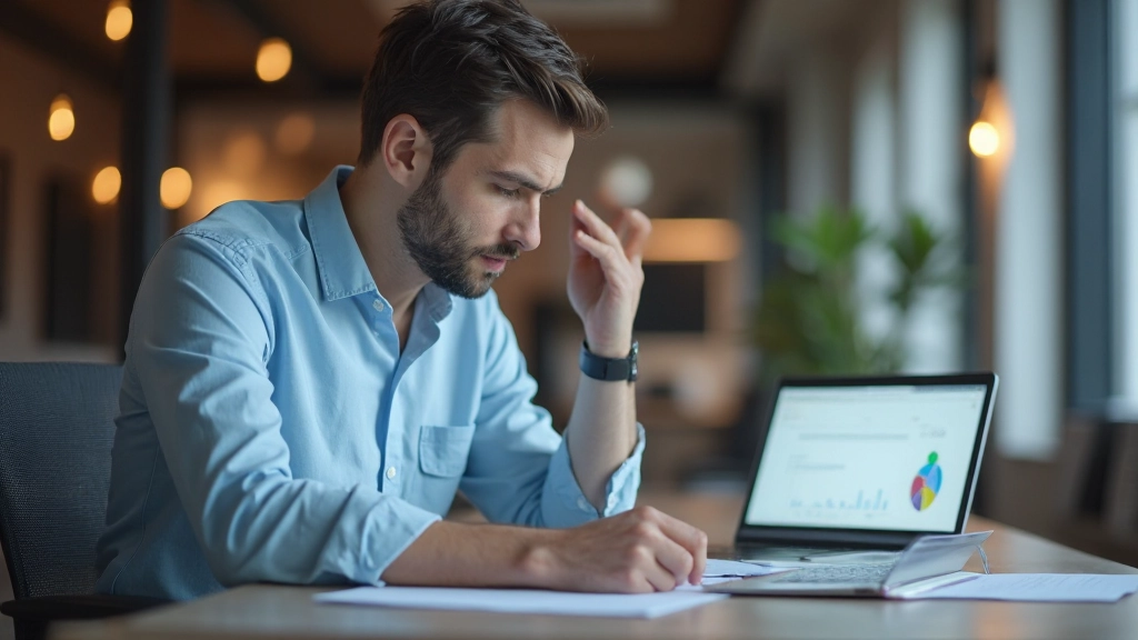 Young professional man analyzing investment charts and financial data on computer screen