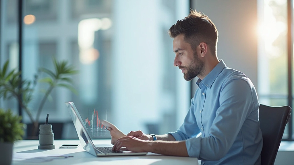 Молодой профессионал анализирует графики инвестиций и финансовые данные на экране компьютера