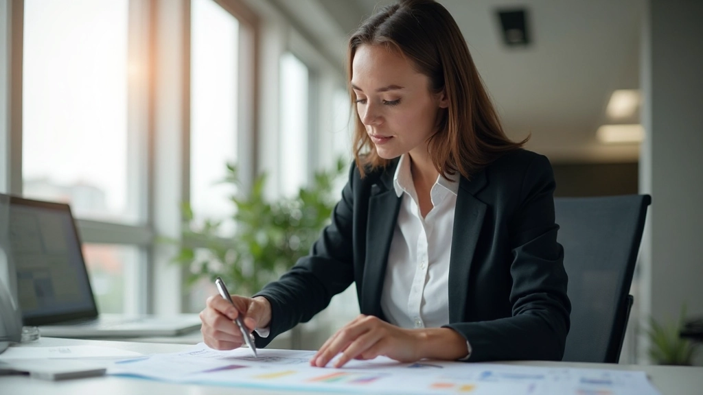 Профессиональная женщина просматривает таблицу бюджета за современным столом с финансовыми документами