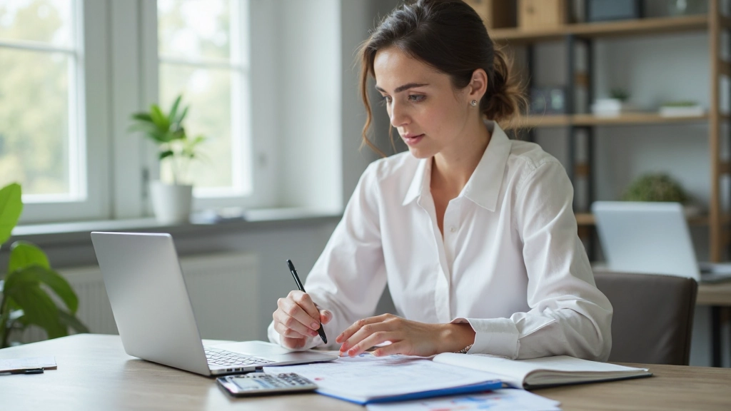 Профессиональное рабочее место с ноутбуком, калькулятором и финансовыми документами