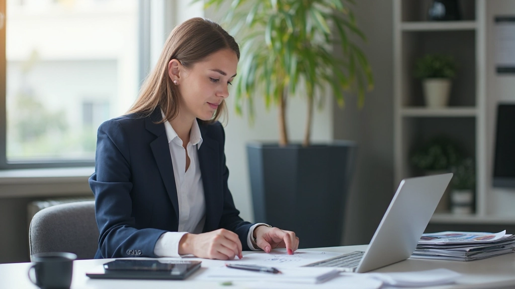 Professional woman reviewing budget spreadsheet at modern desk with financial documents