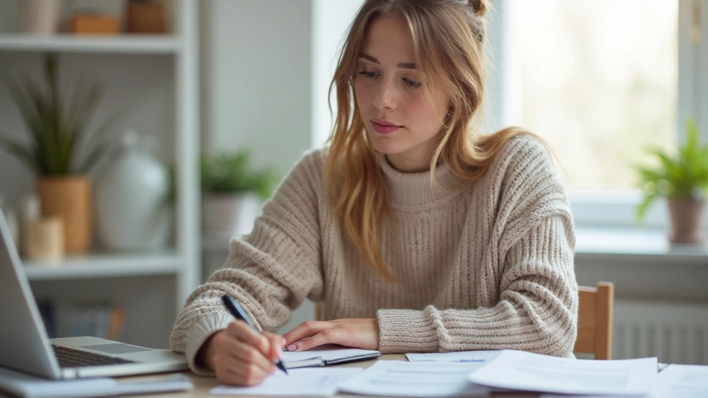 Woman calculating monthly expenses with pen and notebook for personal finance tracking