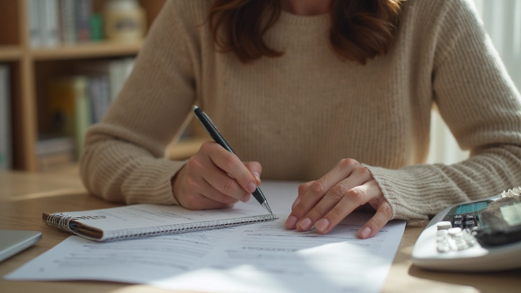 Женщина рассчитывает ежемесячные расходы с ручкой и блокнотом для отслеживания личных финансов